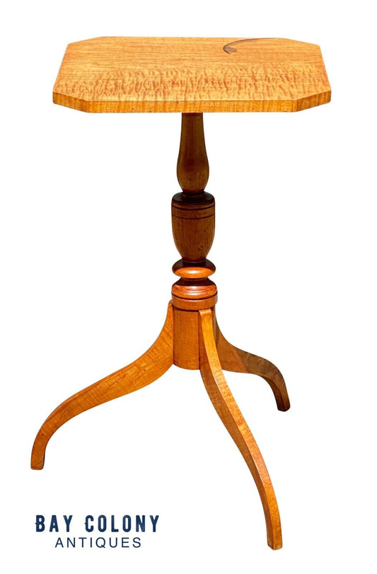 19th C Antique Federal Period Tiger Maple Candlestand / End Table - Curly Maple