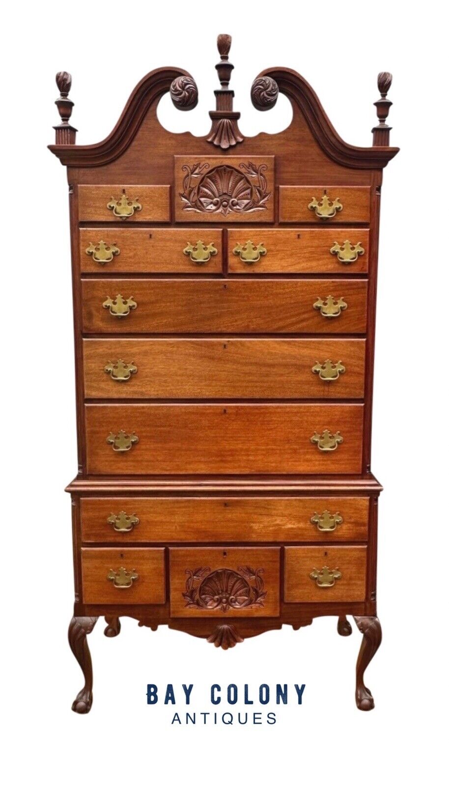 Antique Chippendale Style Mahogany Shell Carved Highboy on Ball & Claw Feet