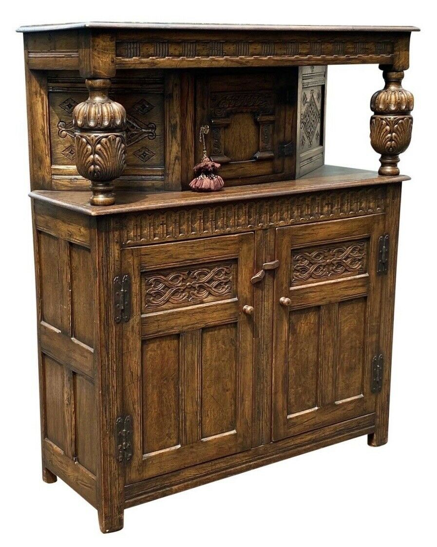 19th C Antique Tiger Oak Carved Jacobean Style Court Cupboard / Sideboard
