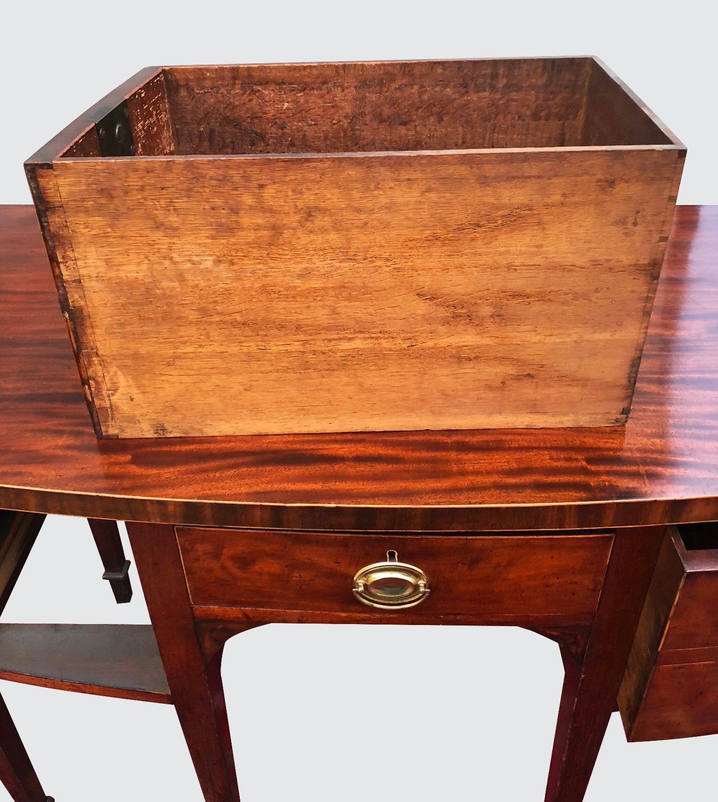 18TH CT HEPPLEWHITE SIX LEG SPADE FOOT MAHOGANY BRANDY BOARD W/ BOTTLE DRAWERS