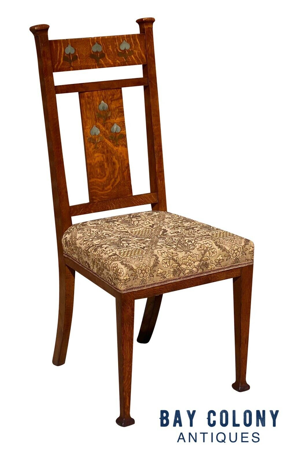 20TH C ANTIQUE ARTS & CRAFTS / ART NOUVEAU TIGER OAK SIDECHAIR W/ METAL INLAY