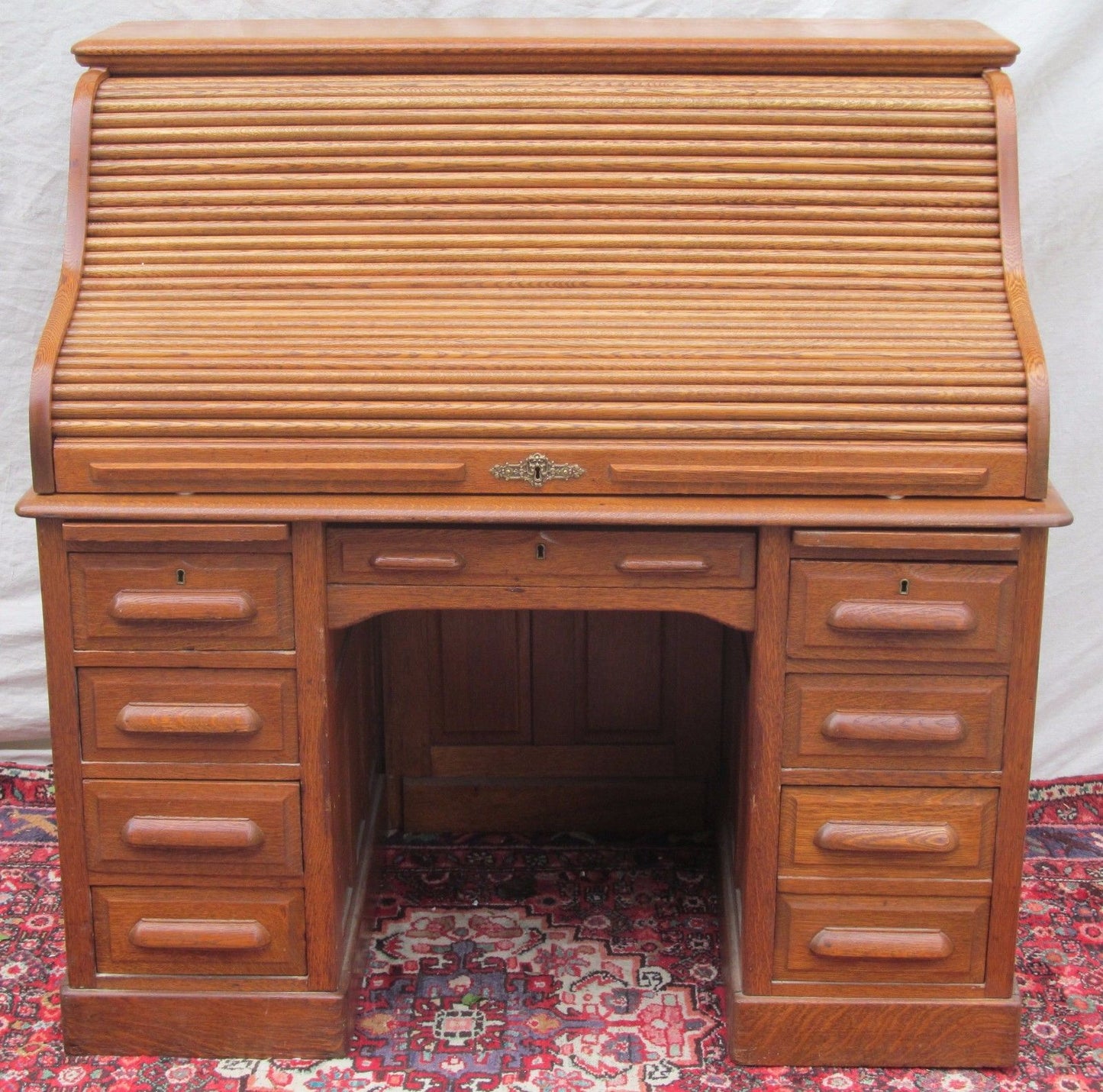 EXCELLENT VICTORIAN SOLID TIGER RAISED PANELED OAK S ROLL TOP DESK-TOP QUALITY!