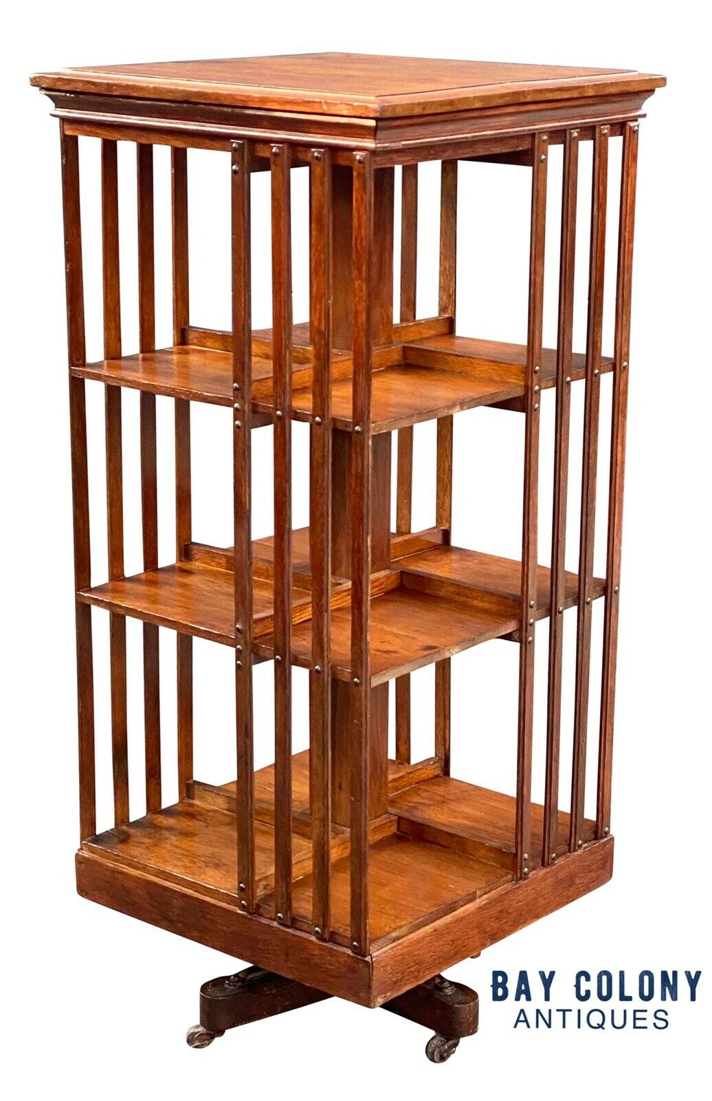 19TH C ANTIQUE TIGER OAK DANNER REVOLVING 3 TIER CHAMPION BOOKCASE
