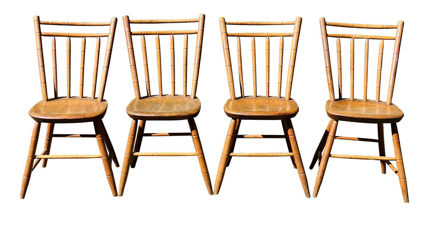19TH C ANTIQUE SET OF 4 COUNTRY PRIMITIVE BAMBOO CARVED BIRD CAGE WINDSOR CHAIRS
