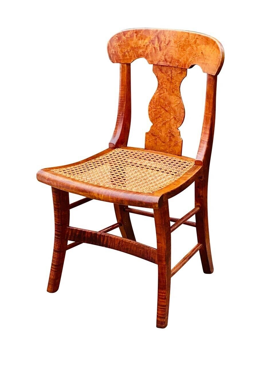 19TH C ANTIQUE TIGER MAPLE & BIRDS EYE MAPLE EMPIRE SABER LEG CHAIR W/ CANE SEAT