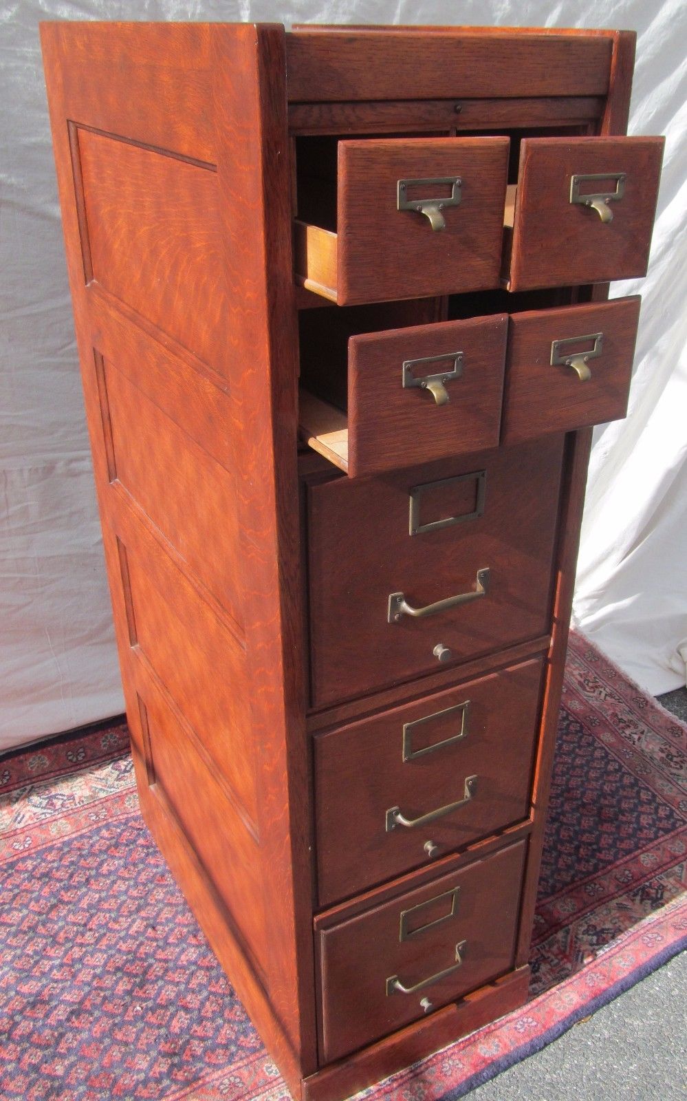 ANTIQUE ARTS & CRAFT OAK RAISED PANEL FILE CABINET WITH 4 OVER 3 DRAWER FORMAT