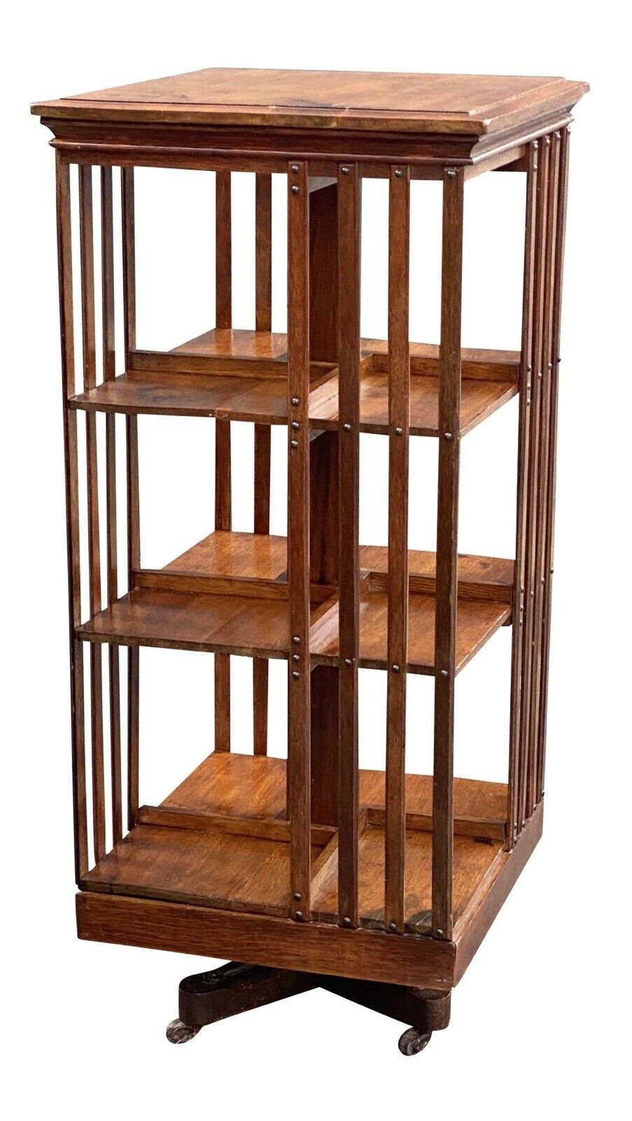 19TH C ANTIQUE TIGER OAK DANNER REVOLVING 3 TIER CHAMPION BOOKCASE