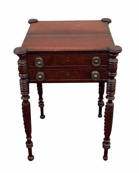 FINE SALEM MASSACHUSETTS SHERATON WORK TABLE WITH TURRET CORNERS & ROPE CARVINGS