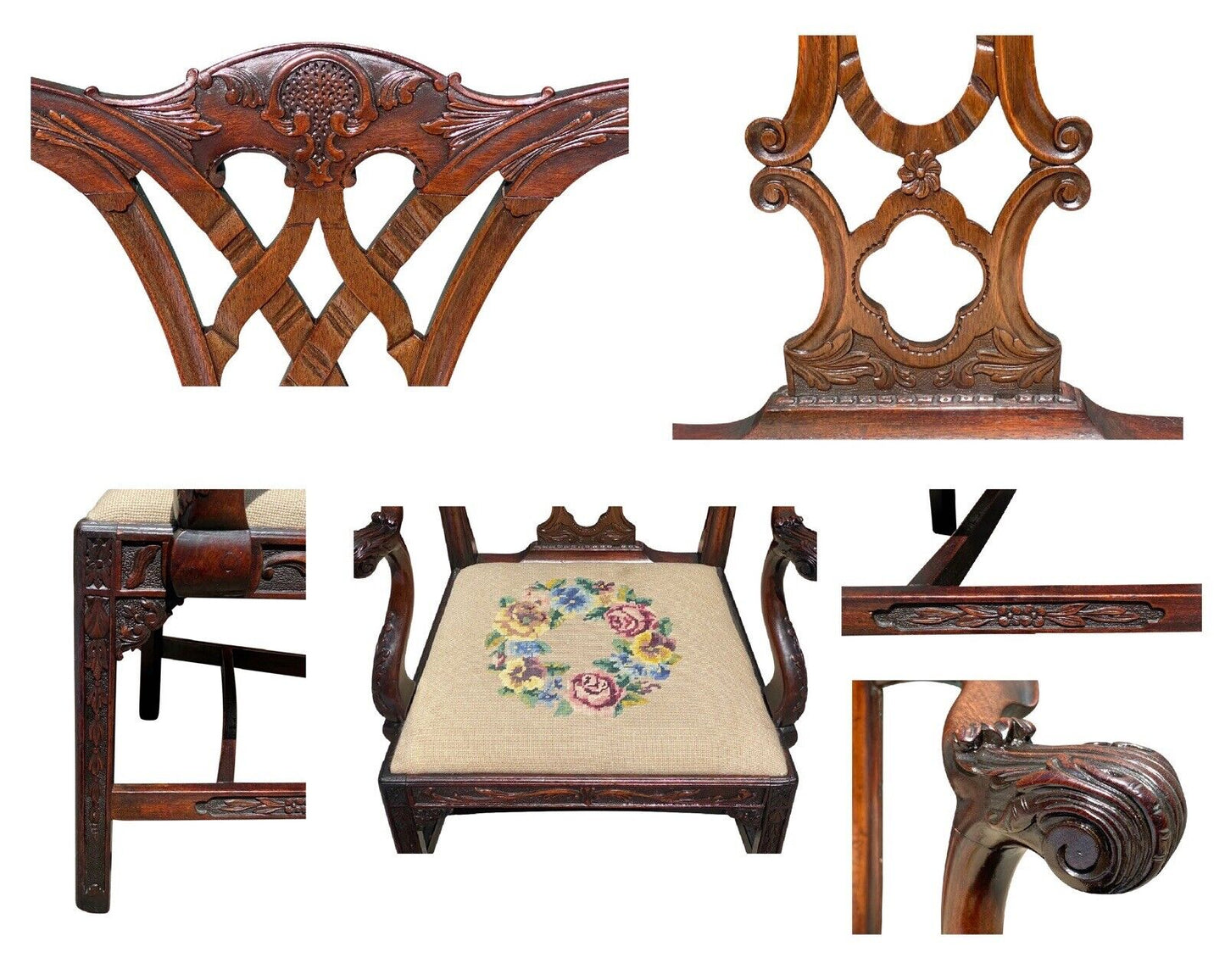 19th C Antique Chippendale Style Carved Mahogany Desk Chair W/ Needlepoint Seat