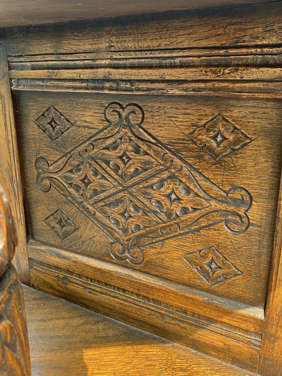 19th C Antique Tiger Oak Carved Jacobean Style Court Cupboard / Sideboard