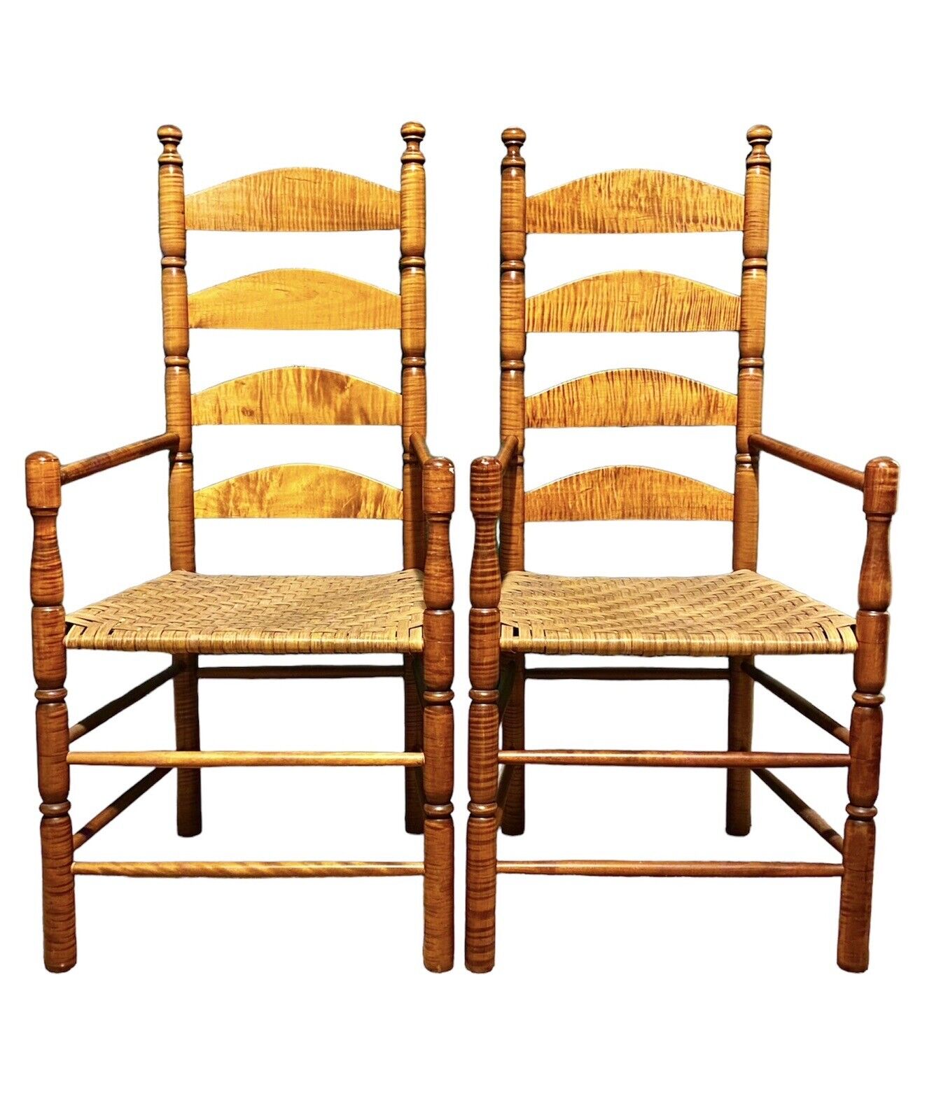 Vintage Pair of William & Mary Style Tiger Maple Ladder Back Armchairs