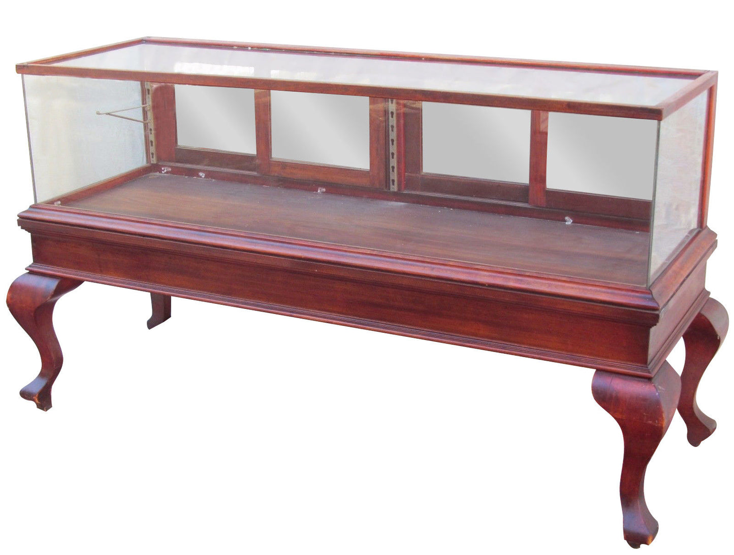 FANCY VICTORIAN BIRCH DISPLAY CASE ON TALL CABRIOLET LEGS