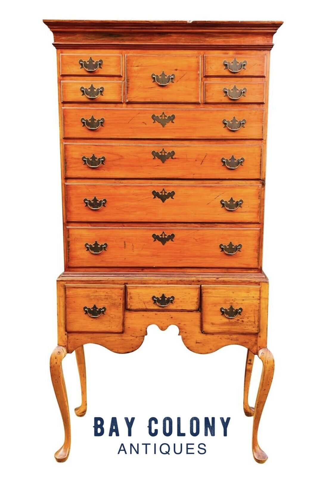 18TH C ANTIQUE QUEEN ANNE CONNECTICUT FLAT TOP HIGHBOY DRESSER / TALL CHEST