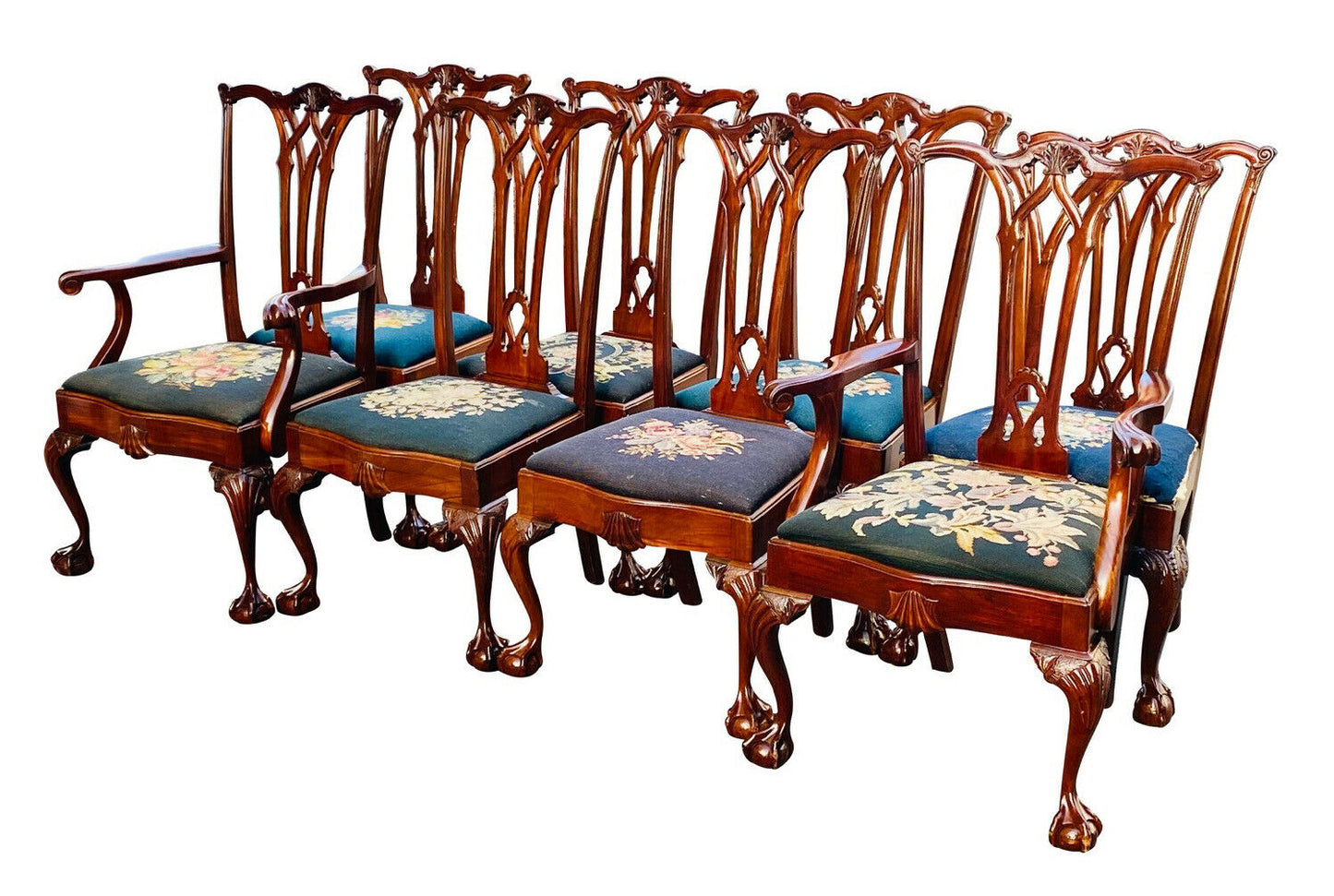 20TH C CHIPPENDALE ANTIQUE STYLE SET OF 8 SHELL CARVED MAHOGANY DINING CHAIRS