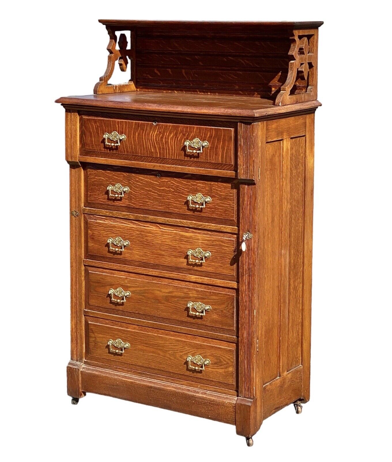 Antique Victorian Tiger Oak Chest Of Drawers / Lock Side Chest