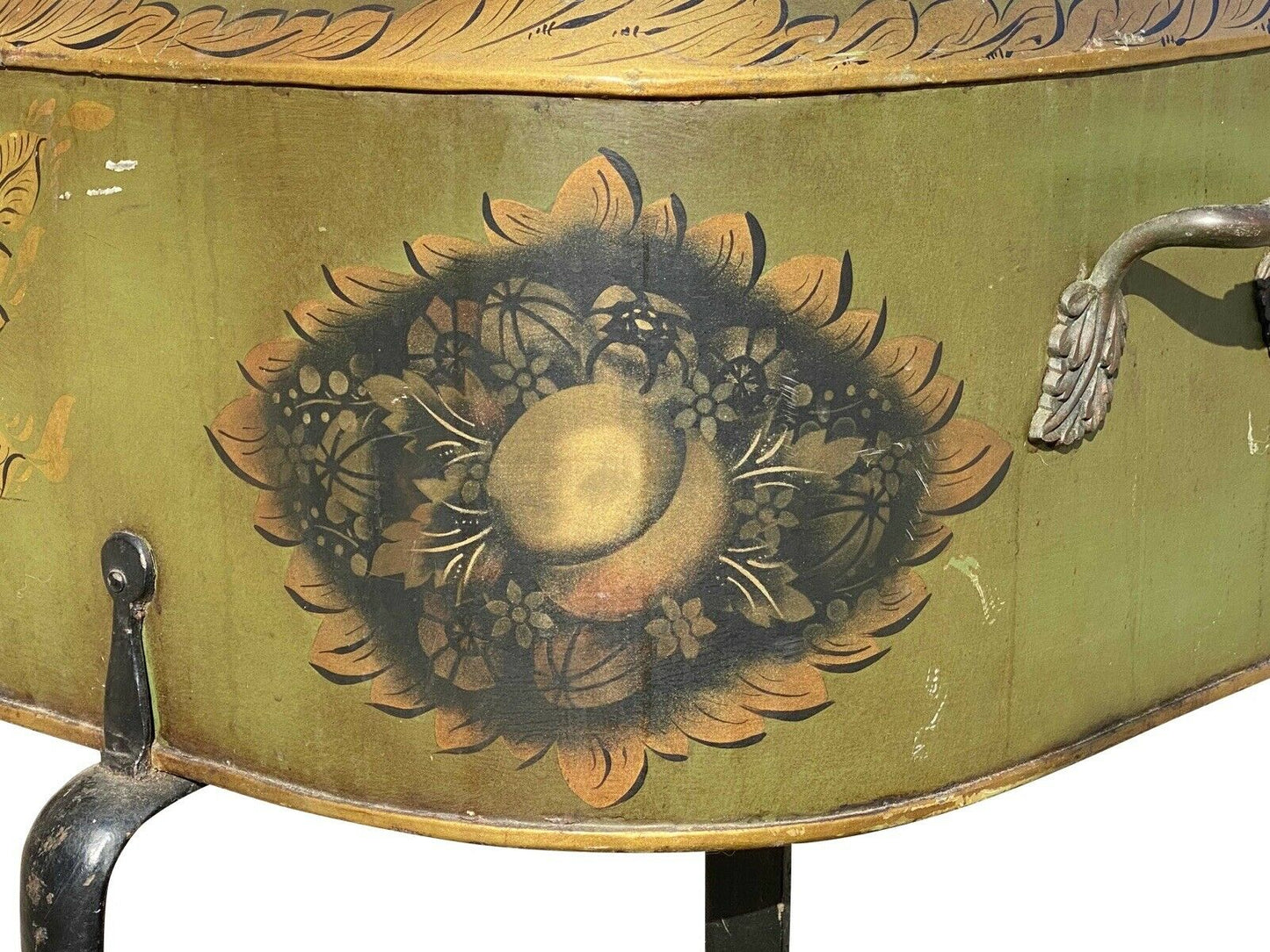 19th C Antique Green & Gilt Paint Tole Fireplace Warmer W/ Folk Art Paintings