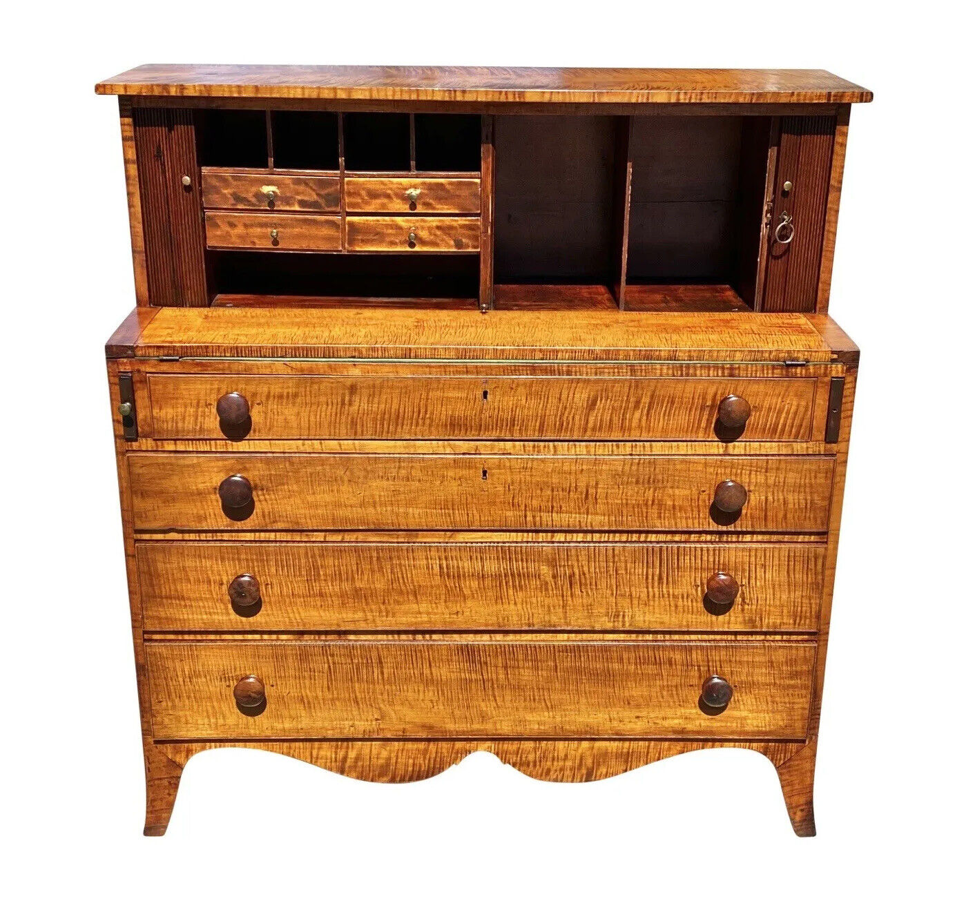 18TH C ANTIQUE NEW HAMPSHIRE TIGER MAPLE HEPPLEWHITE TAMBOUR SECRETARY DESK