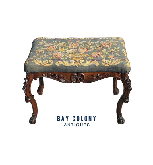 Antique French Louis XV Style Walnut Vanity Bench With Needlepoint Floral Basket