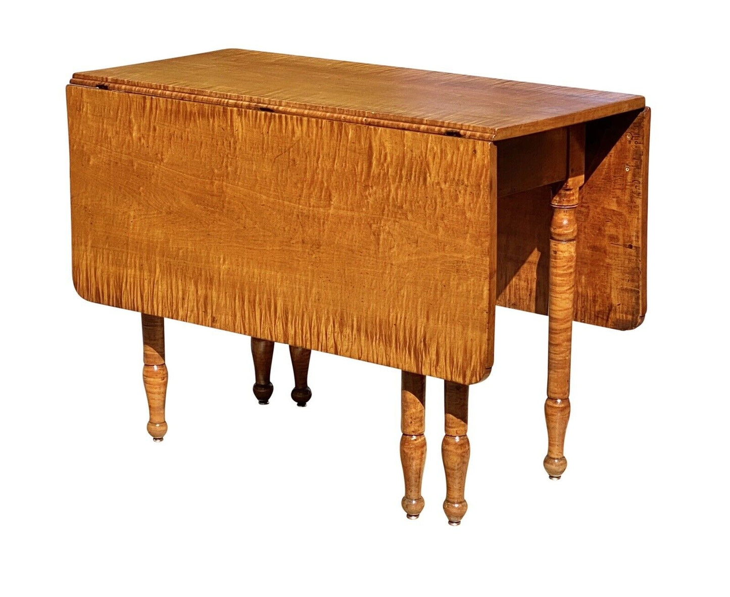 19th C Antique Sheraton Tiger Maple 6 Leg Drop Leaf Dining Table - Curly Maple