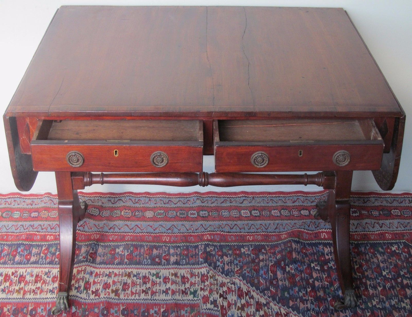 18thC REGENCY PERIOD MAHOGANY W/ ROSEWOOD & EBONY CROSS BANDED INLAID SOFA TABLE