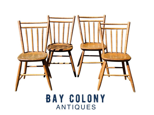 19TH C ANTIQUE SET OF 4 COUNTRY PRIMITIVE BAMBOO CARVED BIRD CAGE WINDSOR CHAIRS