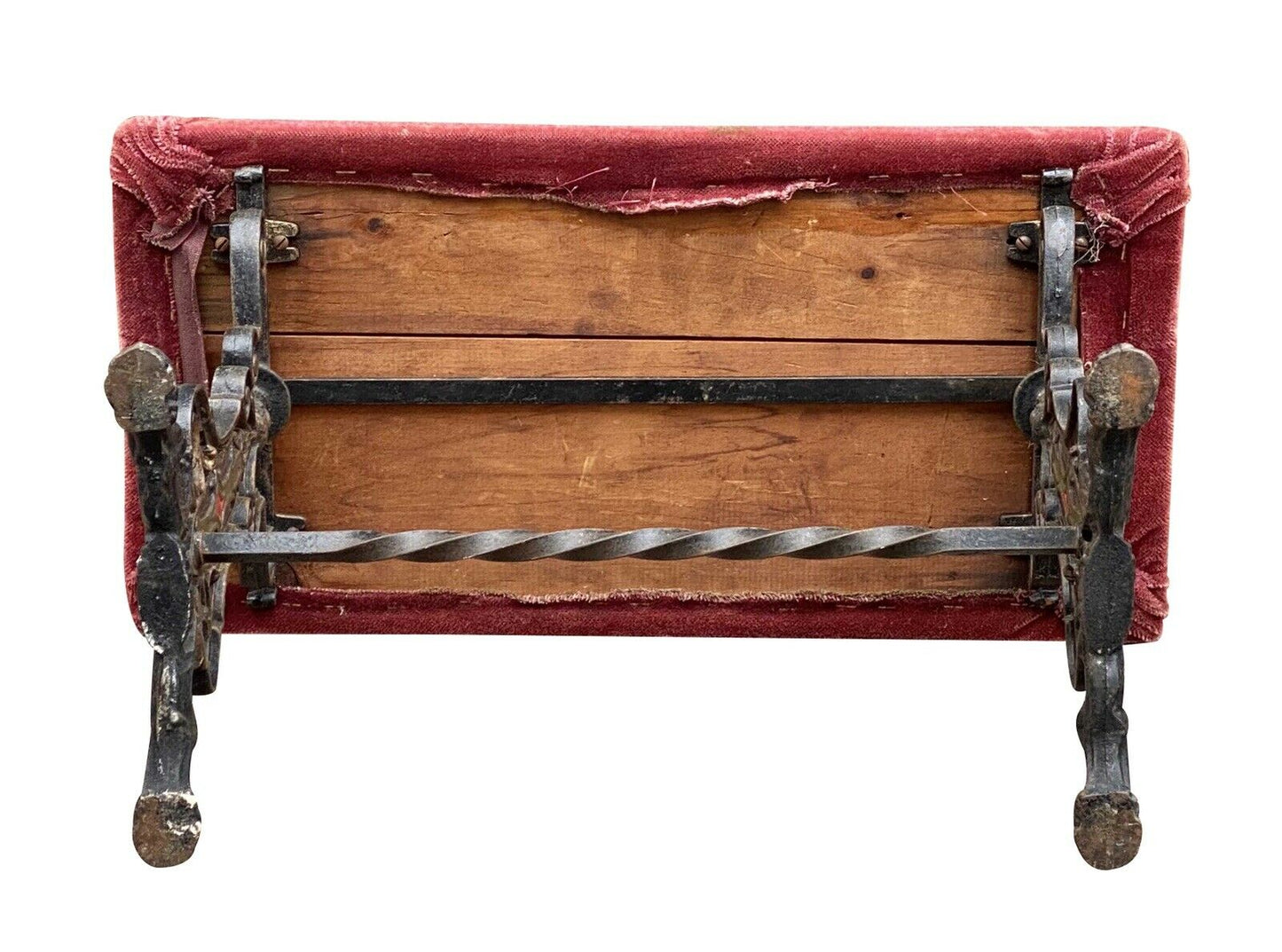 19th C Antique Victorian Cast Iron Window / Vanity Bench W/ Velvet Seat