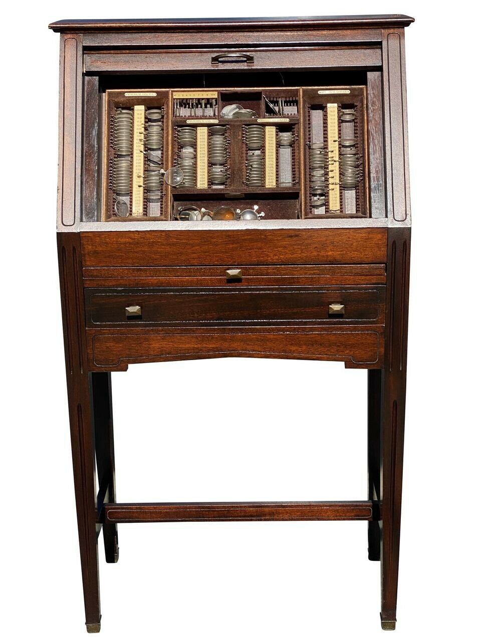 20TH C ANTIQUE INDUSTRIAL MAHOGANY OPTOMETRIST CABINET ~ MEDICAL ANTIQUE