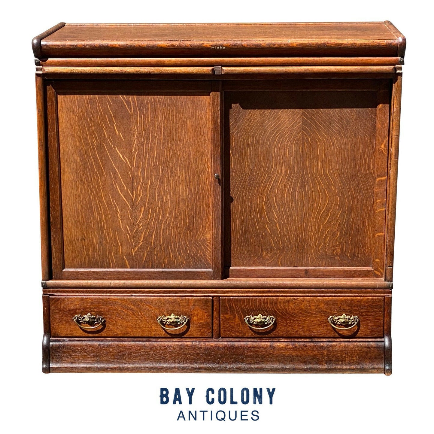 19th C Antique Oak Encyclopedia Size Large Barrister Bookcase / Cabinet - Globe