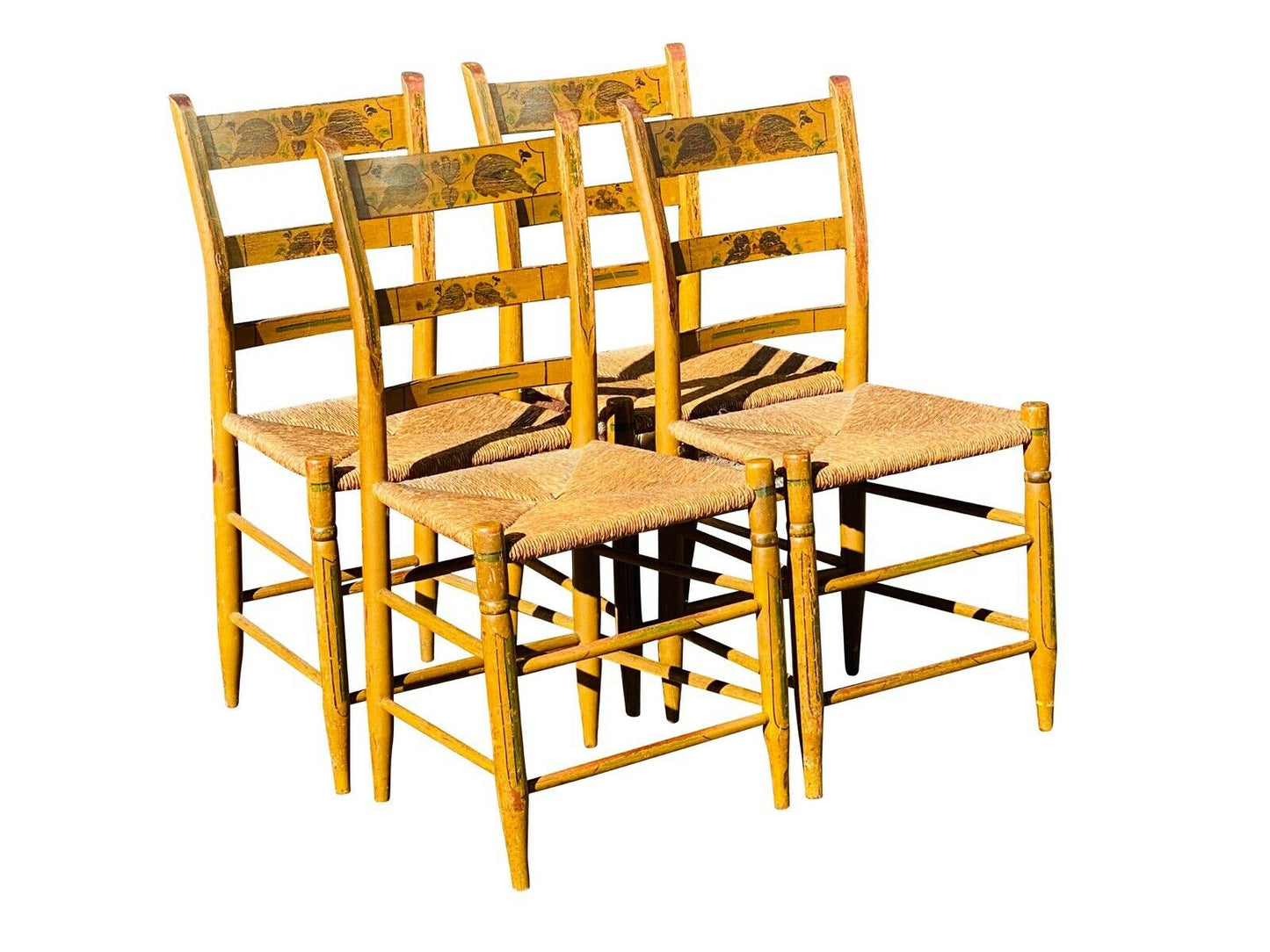 19TH C ANTIQUE COUNTRY PRIMITIVE SHERATON SET OF 4 FANCY PAINT DINING CHAIRS