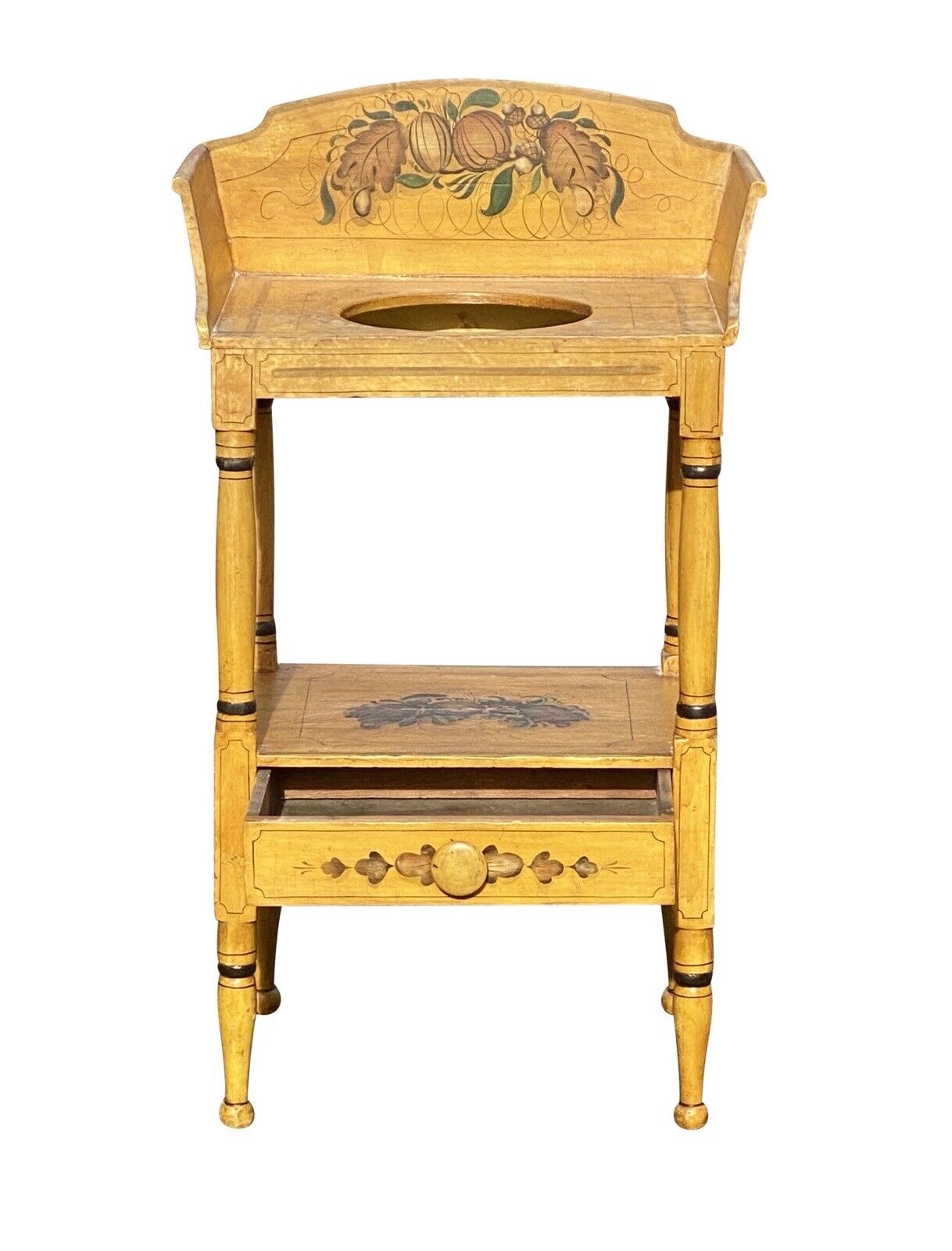 19th C Antique Sheraton Yellow Fancy Paint Washstand With Drawer