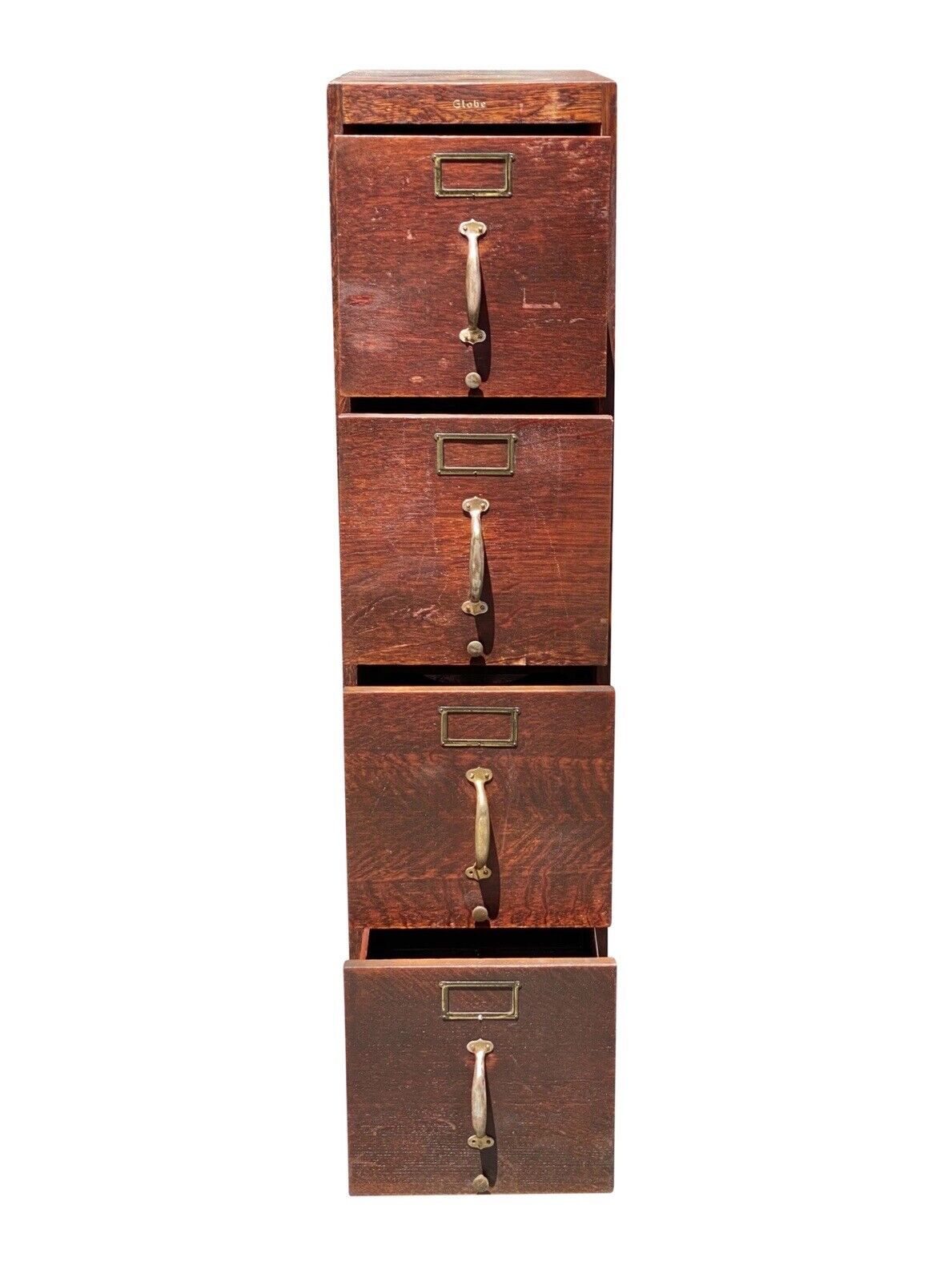 20th C Antique Arts & Crafts 4 Drawer Tiger Oak Globe Wood File Cabinet