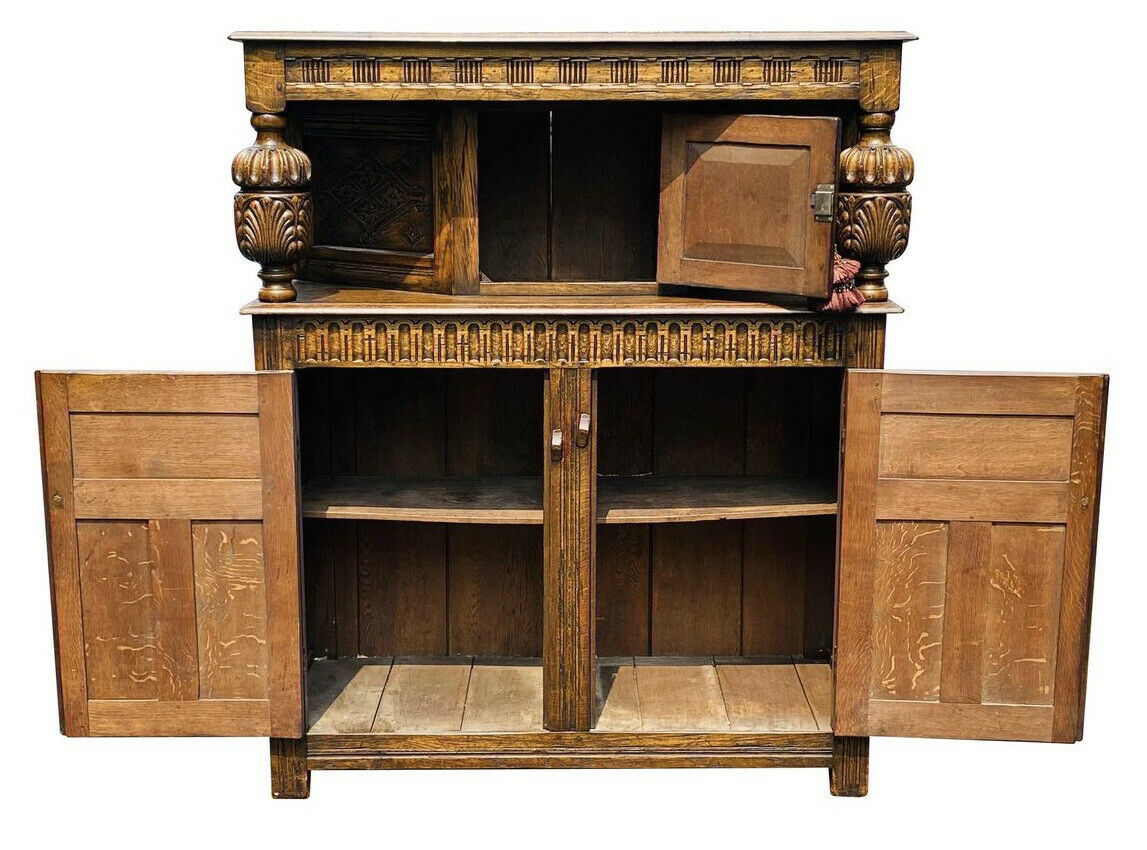 19th C Antique Tiger Oak Carved Jacobean Style Court Cupboard / Sideboard