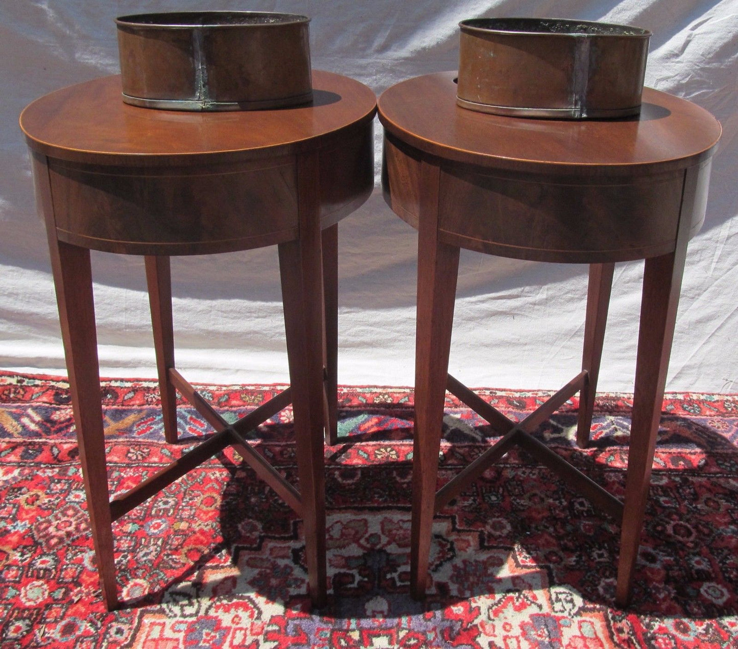 FEDERAL STYLED MAHOGANY PLANTER OVAL FORMED TABLES ON CROSS X STRETCHER BASES