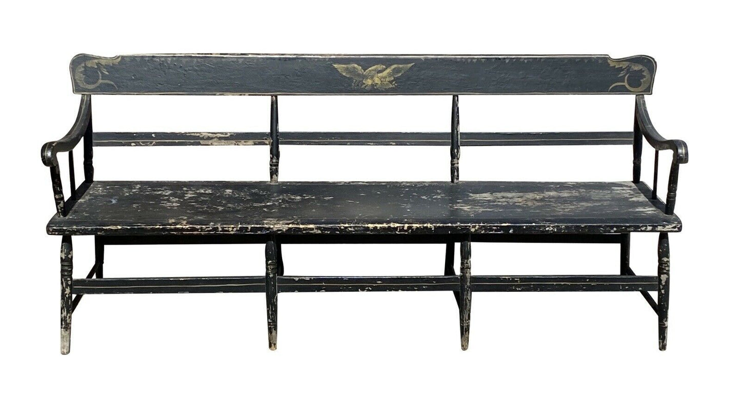 19th C Antique Black Painted Farmhouse / Deacons Bench - 6.5 Feet - Eagle Paint