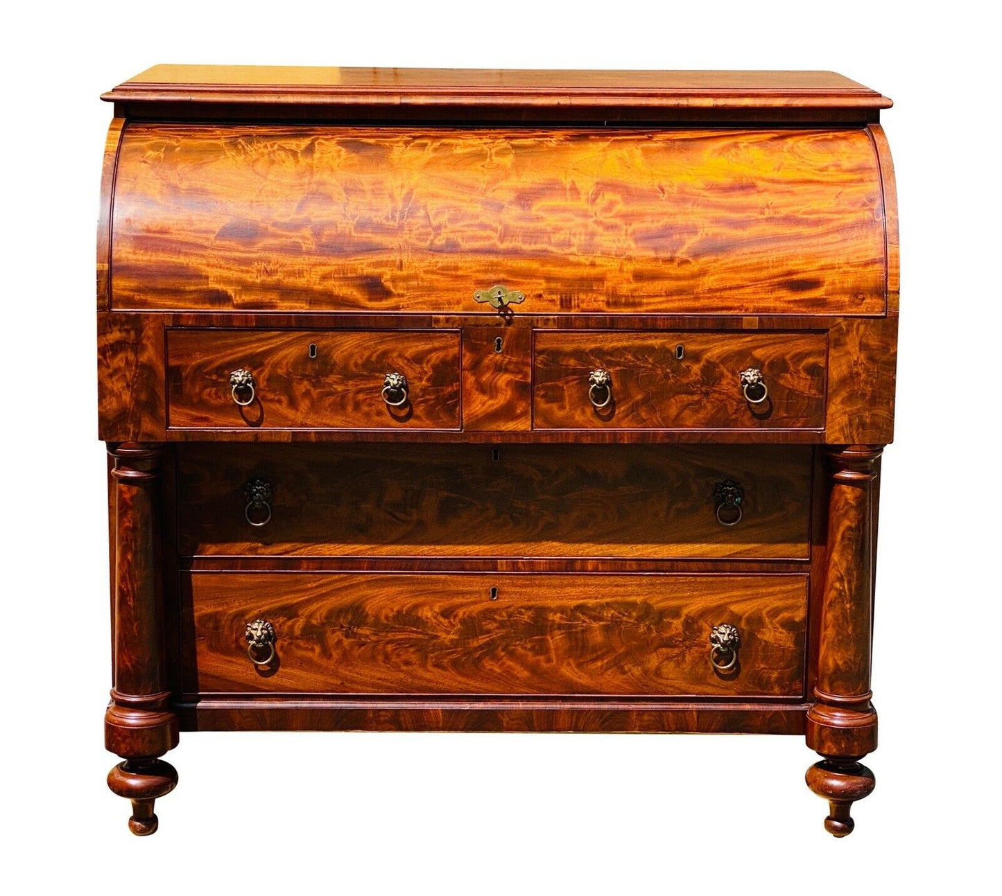 19TH C ANTIQUE FEDERAL PERIOD CLASSICAL MAHOGANY CYLINDER ROLL DESK