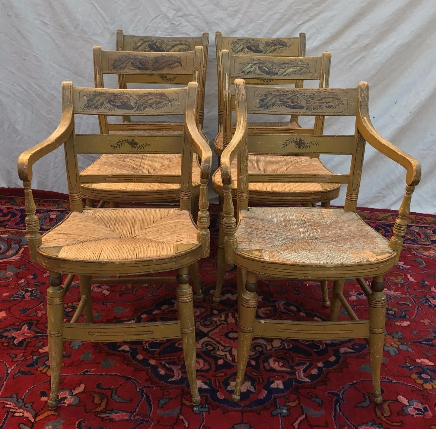 SET OF SIX ANTIQUE SHERATON FANCY CHAIRS IN OLD MUSTARD PAINT