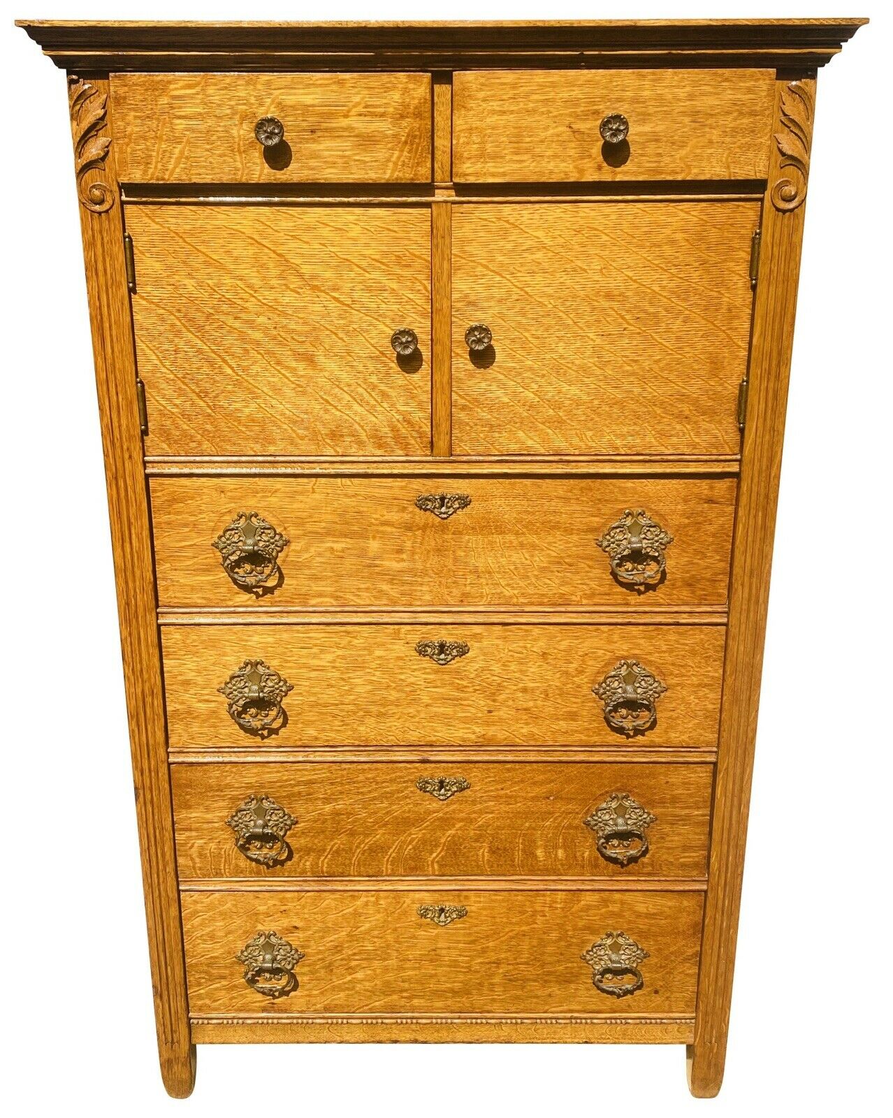 19TH C ANTIQUE VICTORIAN TIGER OAK HAT BOX DRESSER / TALL CHEST