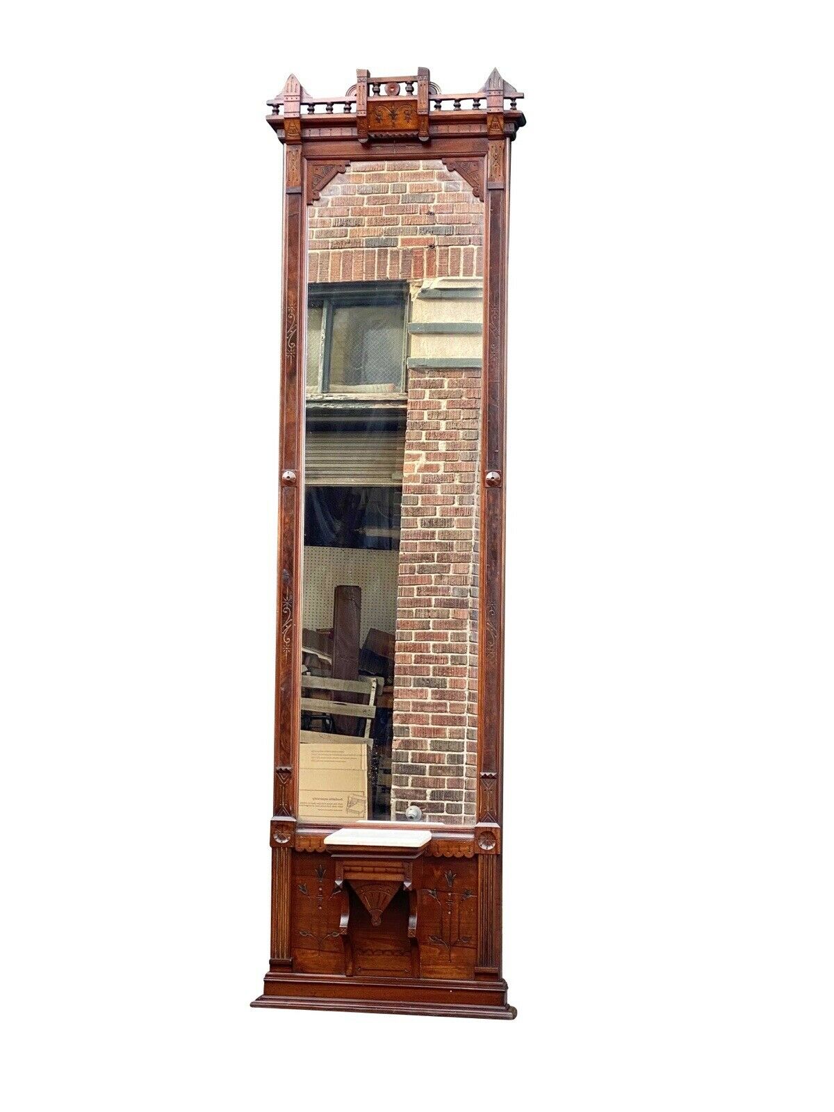 19th C Antique Large Victorian Walnut Pier Mirror / Hall Tree --- 8' 4" Tall