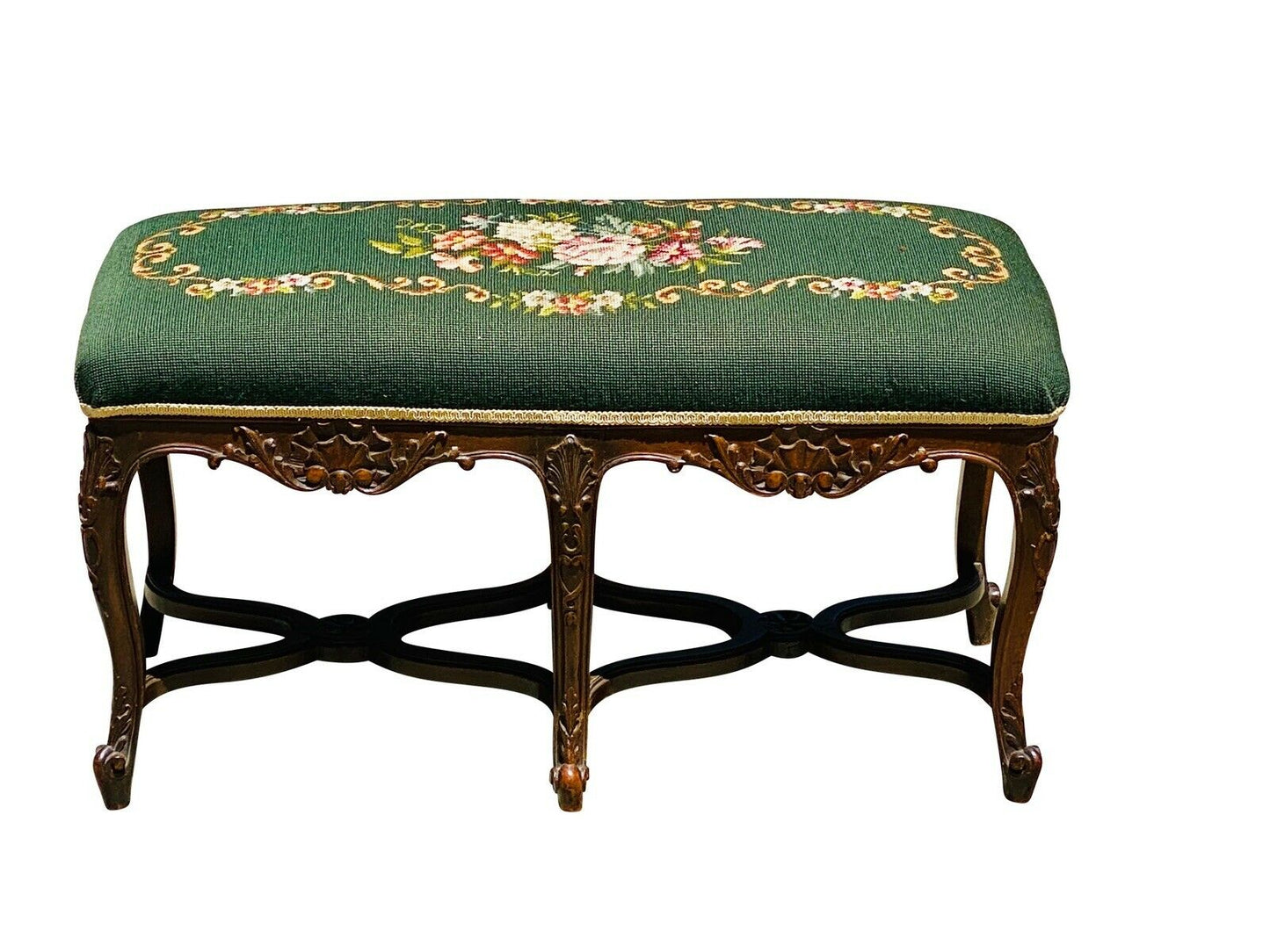 19TH C ANTIQUE FRENCH WALNUT WINDOW / VANITY BENCH W/ FLORAL NEEDLEPOINT SEAT