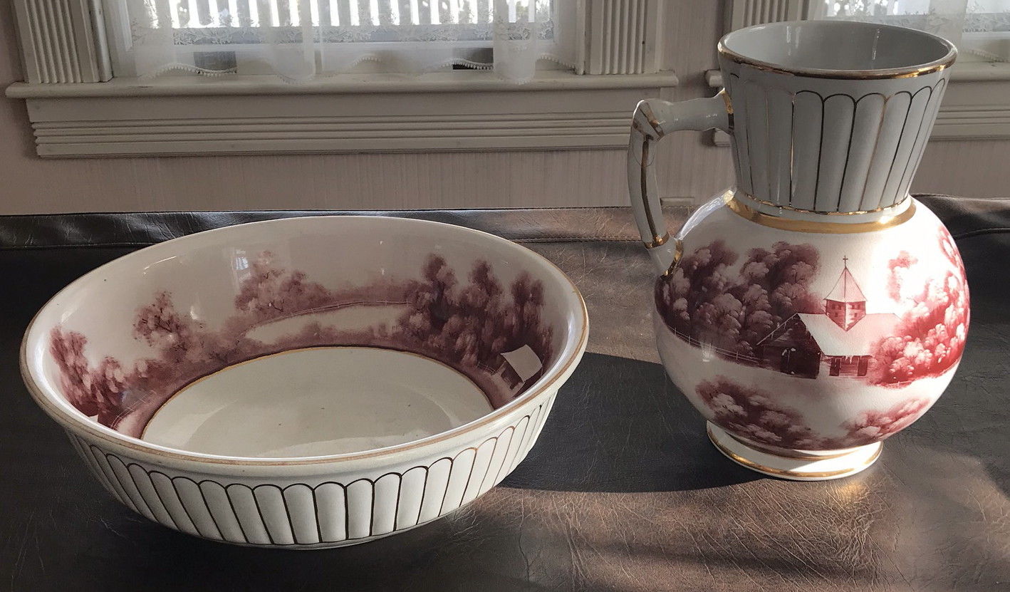 EXCELLENT COMPLETE 6 PC STONE CHINA TOILETRY COMMODE CHAMBER POT SET