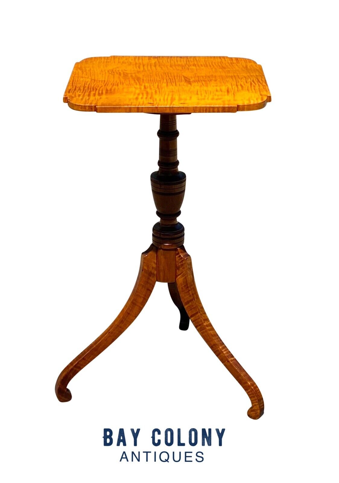 19th C Antique Federal Period Tiger Maple Candlestand / End Table - Curly Maple