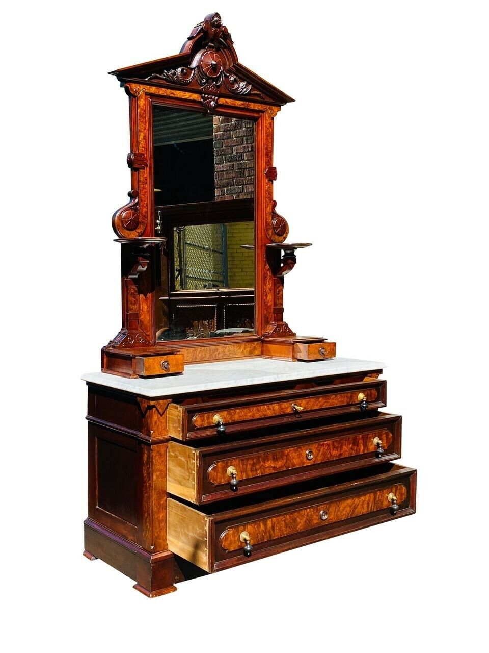 19th C Antique Victorian Walnut Marble Top Dresser ~ Thomas Brooks ~ Nyc