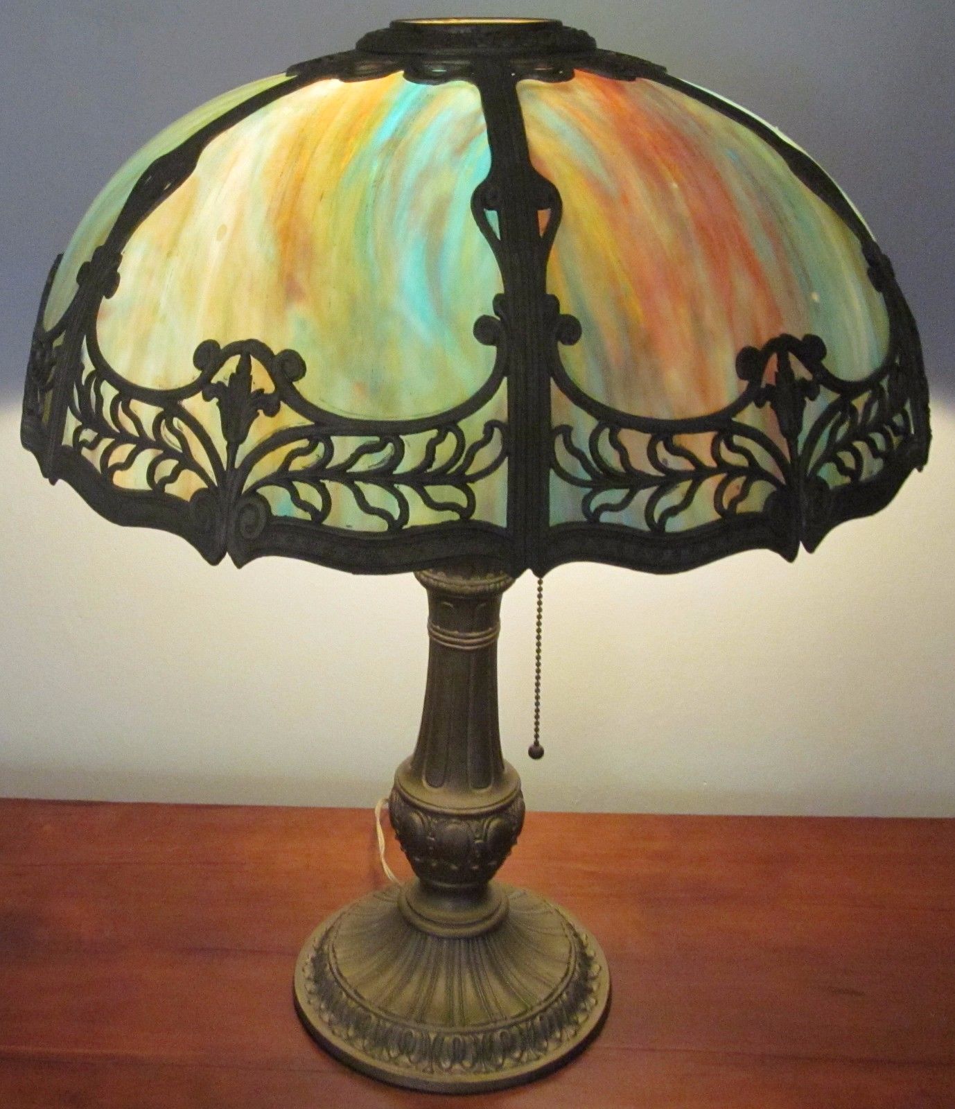 ANTIQUE ARTS & CRAFTS TABLE LAMP WITH SIX PANEL BLUE SHADE