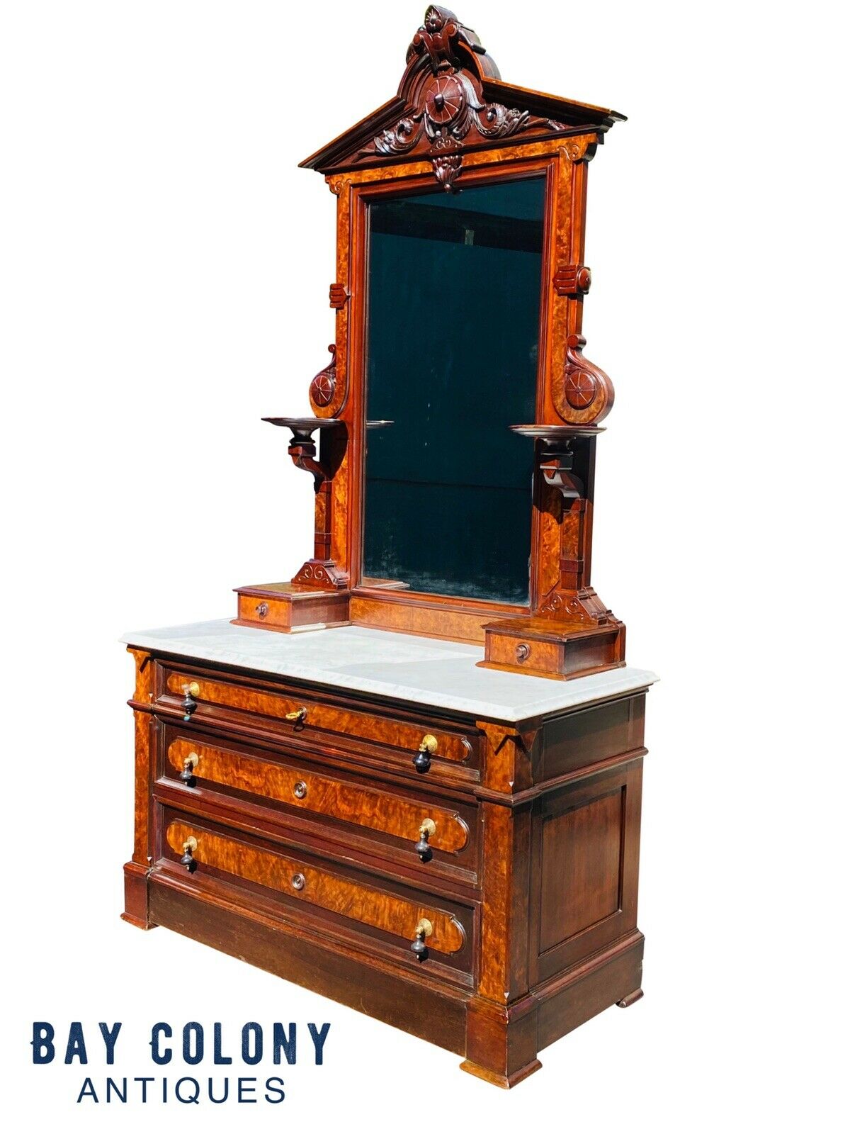 19th C Antique Victorian Walnut Marble Top Dresser ~ Thomas Brooks ~ Nyc