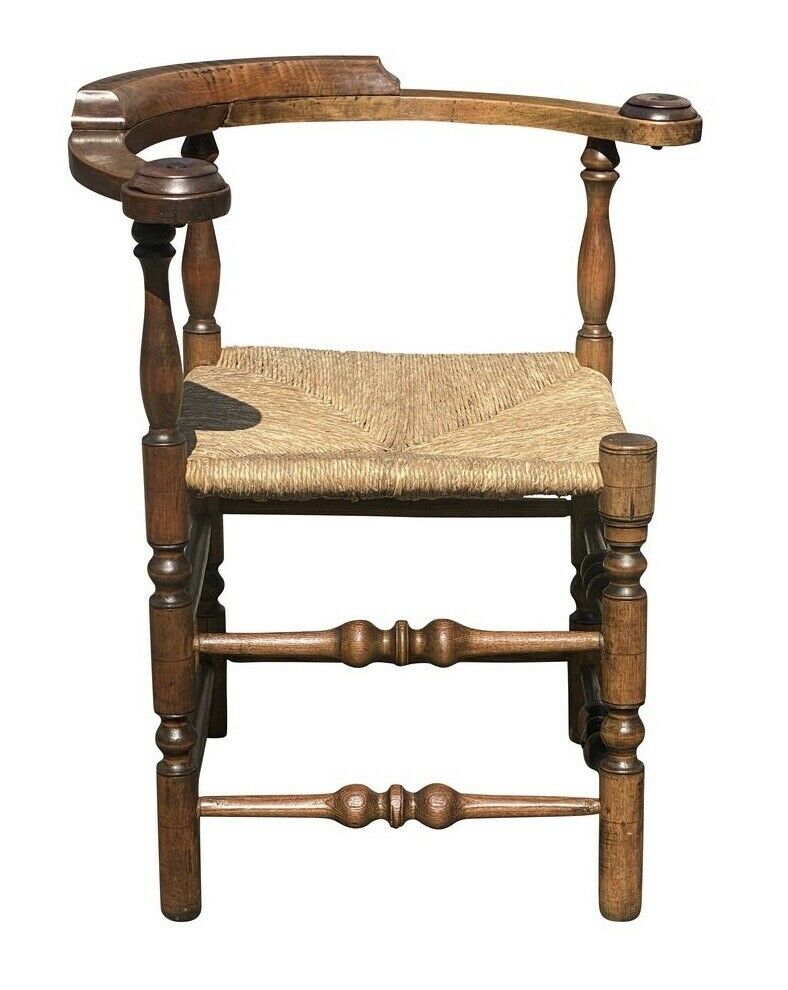 18TH C ANTIQUE QUEEN ANNE TIGER MAPLE ROUNDABOUT / CORNER CHAIR W/ RUSH SEAT