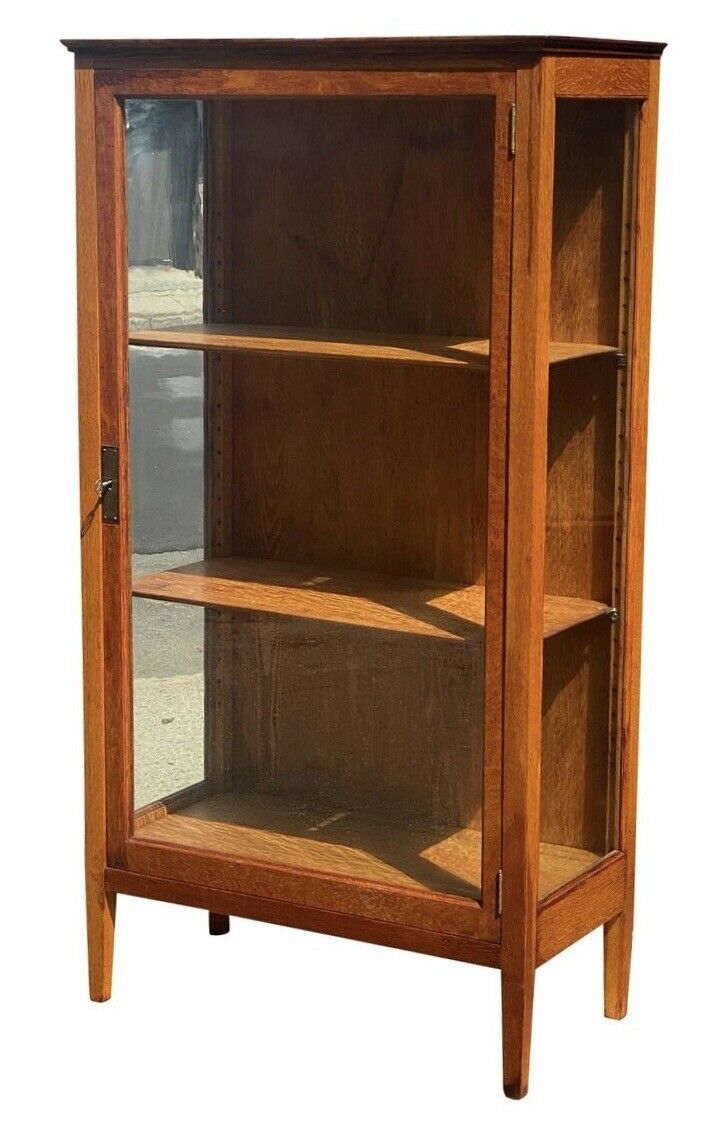 20th C Antique Arts & Crafts Tiger Oak Single Door Bookcase / China Cabinet