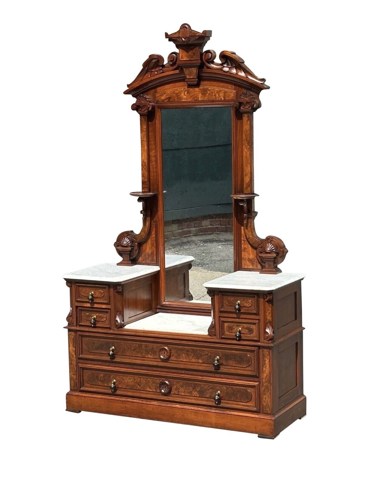 Antique Victorian Burled Walnut Marble Top Dresser With Fine Shell Carved Mirror