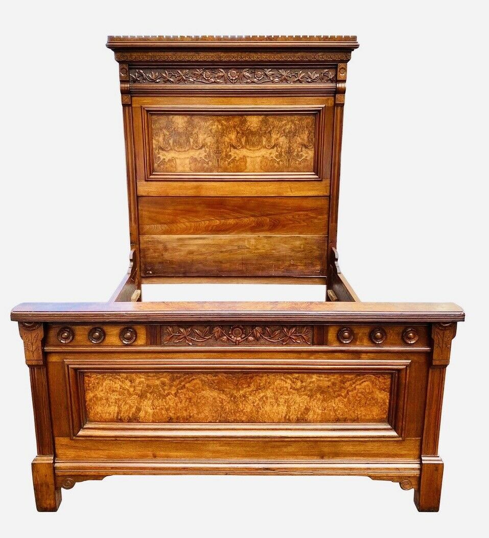 19TH C ANTIQUE VICTORIAN BURLED WALNUT FULL SIZE FLORAL CARVED BED