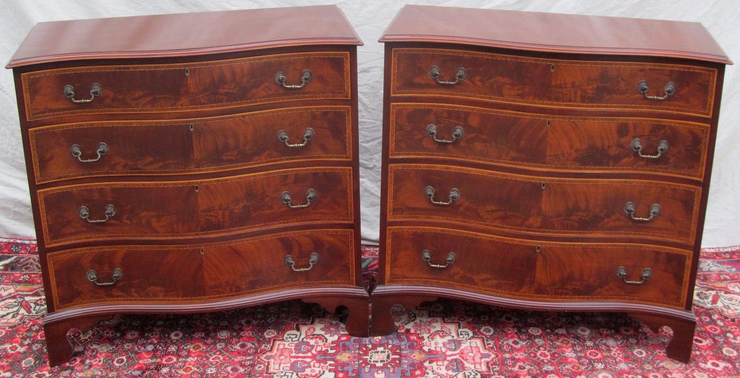 PAIR OF CHIPPENDALE SERPENTINE INLAID MAHOGANY BACHELORS DRESSERS BY J. GERTE