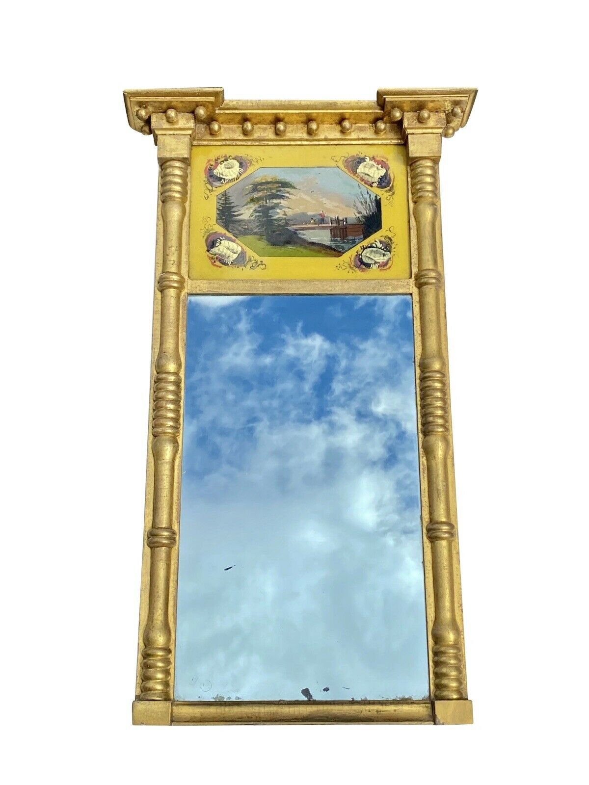 19th C Antique Federal Period Gold Tabernacle Mirror W/ Eglomise Painted Panel